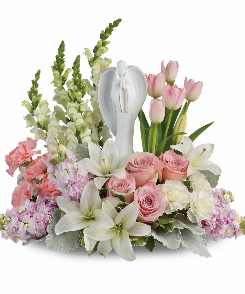 Angel Among Us - This beautiful custom sympathy arrangement overflowing with pretty pinks and whites can be done in the colors shown or customized to mixed colors.  Flowers may vary a bit depending on seasonal availability. Angel statue may vary as well.  