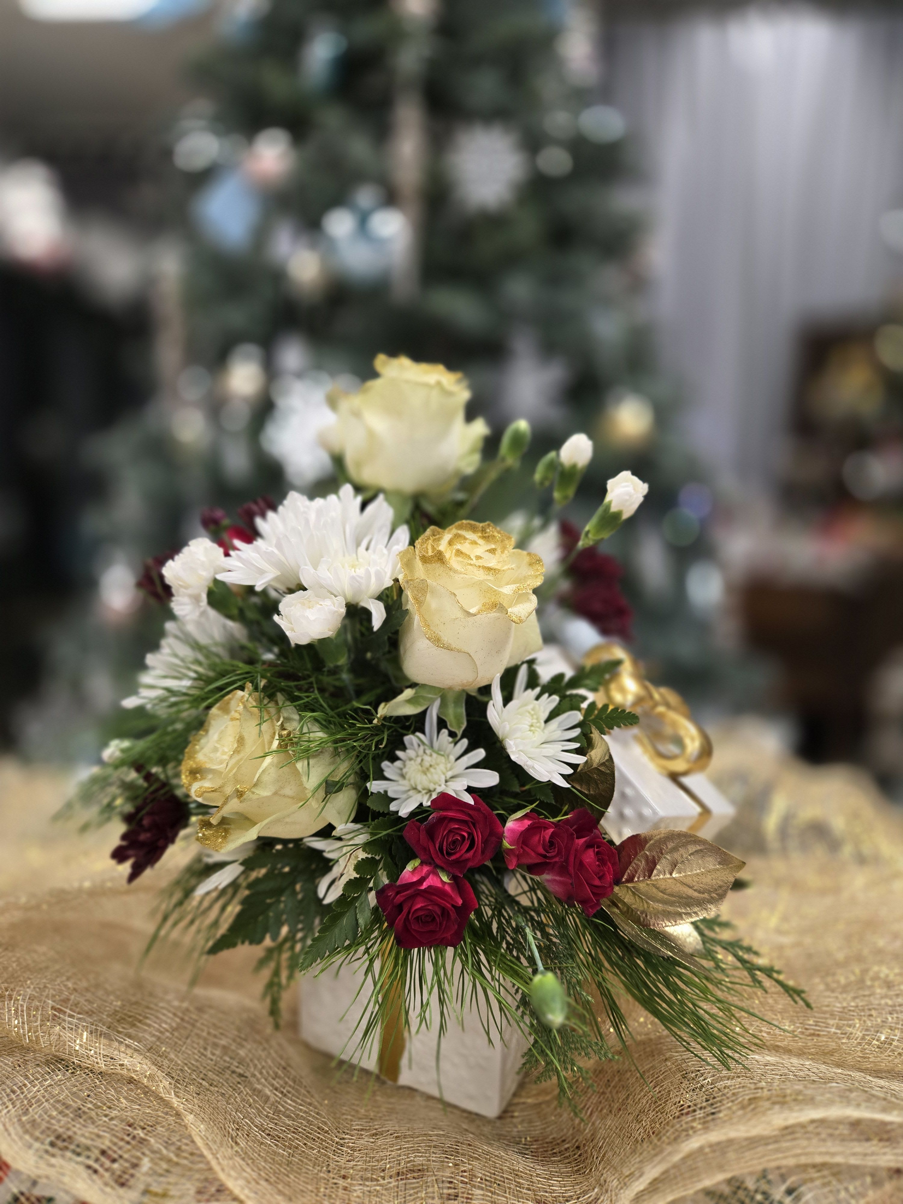 Gold Gift box - Gold and white Ceramic Gift box filled with Christmas pines and seasonal flowers