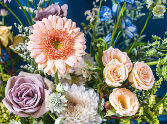 Designer's Choice SUGAR PLUM FAIRY WRAPPED ARRANGEMENT (Pastels, Light &amp; Airy) - A pirouette of pastels so sweet you can almost taste it! Blushy pinks and peaches, buttery yellows, lavender and frosted whites will enchant the receiver with dreamy charm.