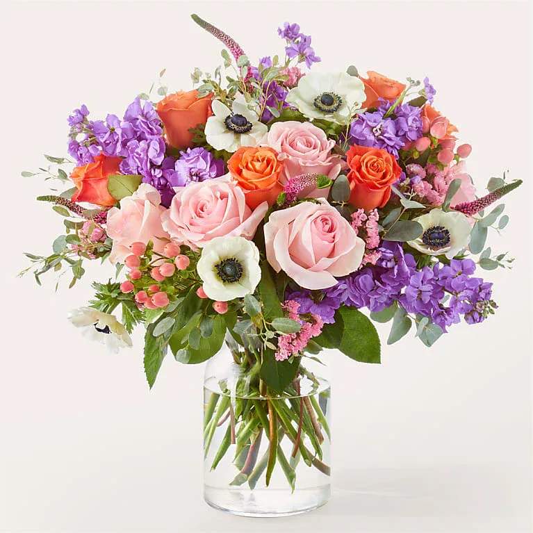 Dressed Up Anemone Bouquet - Put your best foot forward with this regal arrangement of pinks, purple, orange and white florals.