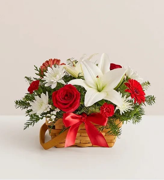 FIELD OF EUROPE CHRISTMAS - Spread holiday cheer with our inviting basket of blooms. Capturing the natural beauty of the European countryside, this freshly gathered arrangement is designed in signature Christmas colors. It’s a joyful surprise for family and friends and a charming centerpiece for a season of celebrating. More details:  All-around basket arrangement with red roses, mini Gerbera daisies, and mini carnations; white Asiatic lilies, cushion poms, and statice; and assorted Christmas greenery Artistically designed in a splitwood handled basket with red satin bow and liner; measures 7"H Large arrangement measures approximately 14"H x 16"W Medium arrangement measures approximately 13"H x 15"W Small arrangement measures approximately 12"H x 14"W Our florists hand-design each arrangement, so colors, varieties, and container may vary due to local availability To ensure lasting beauty, Asiatic lilies may arrive in bud form and will fully bloom over the next few days