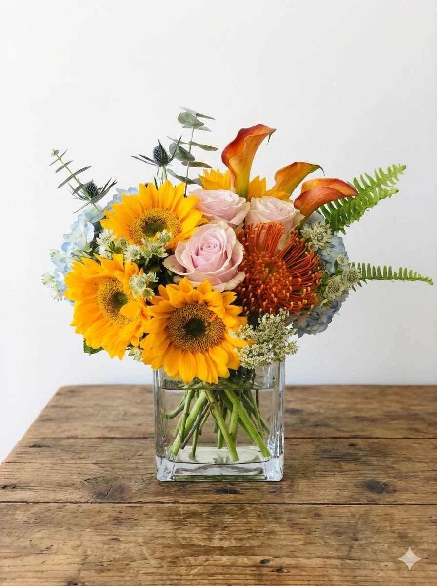 Hello Sun - Bright yellow sunflowers, yellow/orange calla lilies, orange pincushion proteas provide a warm glow like the sun. Pink roses and blue hydrangea represent the sky and fluffy clouds. A little bit of green fern, blue thistle, green eucalyptus add earthiness to this design. Hello Sun comes in a sparking vase. Standard size pictured. Larger sizes available. Flowers and vase will vary based on availability.