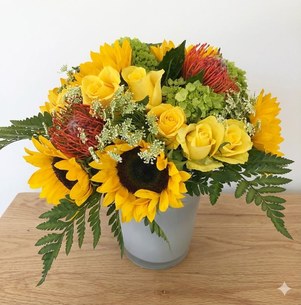 Sunny Day - This arrangement uses yellow, green and orange to bright somebody's day.   Size: about 11&quot;*12&quot; Flowers: Sunflowers, Yellow Roses, Queen Anne's Lace, Pincushion, Mini Green Hydrangea, Feather Leaves. 