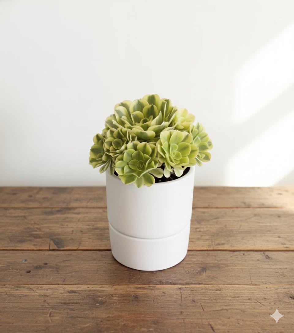 Lime Rosette - Fresh, vibrant, and effortlessly modern--this Lime Rosette brings of green charm to any space. Featuring a cluster of variegated aneonium rosettes with soft lime and jade tones, this succulent is a showstopper in both color and form.   Presented in a crisp, minimalist white ceramic self watering planter, this beauty is prefect for desks, windowsills, shelves, or as a stylish gift for plant lovers.   Details:  * Botanical name: Anonium &quot;sunburst&quot;  *Approx plant height: 7&quot;-8&quot; *white ceramic planter included (4.5&quot; diameter) *Ideal for bright indoor light or filtered outdoor sun  Care Instruction:  Place in bright, indirect sunlight. Water sparingly and only when soil is dry. Thrives in dry environments and is easy to maintain.  