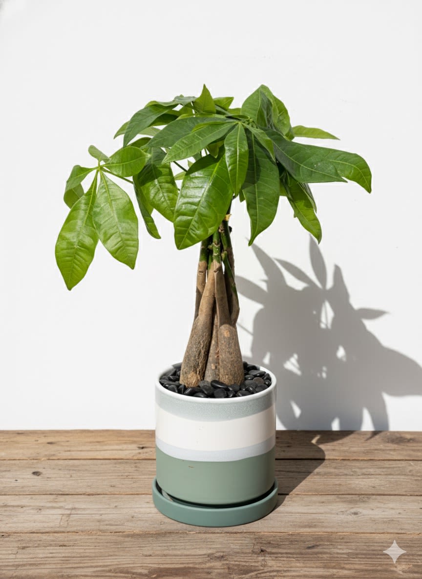 Money Tree - The perfect addition to your home! This Money Tree has a braided stem and bright green palm looking leaves, resembling both a tree and palm. Money Tree is a low maintenance plant that likes indirect bright places. Avoid too much direct sunlight, otherwise, the leaves will dry out. Water when the soil is dry. Money Trees are non-toxic and pet friendly. This plant is planted in a 4.5 inch ceramic planter with a saucer. 