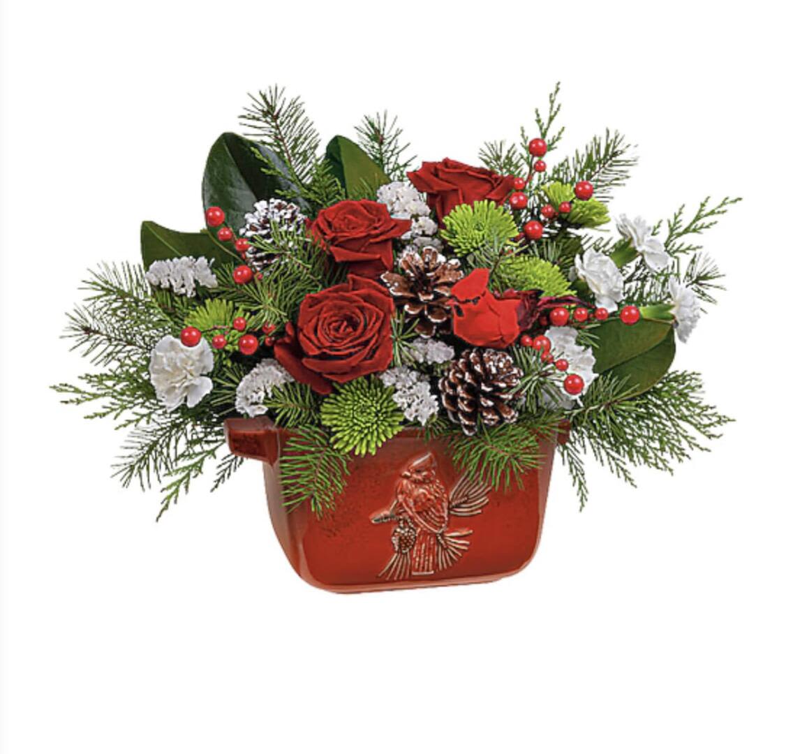 Red Cardinal Holiday Centerpiece( oven to table keepsake ceramic  crock ) - One sided fresh floral arrangement with red and white flowers , pinecones and berries delivered  in an oven safe keepsake ceramic crock .