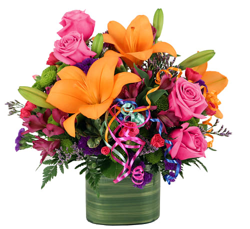 Surprise! Bouquet - Send them a colourful floral surprise! Bright orange lilies are complimented with hot pink roses, green buttons, purple status and more! 