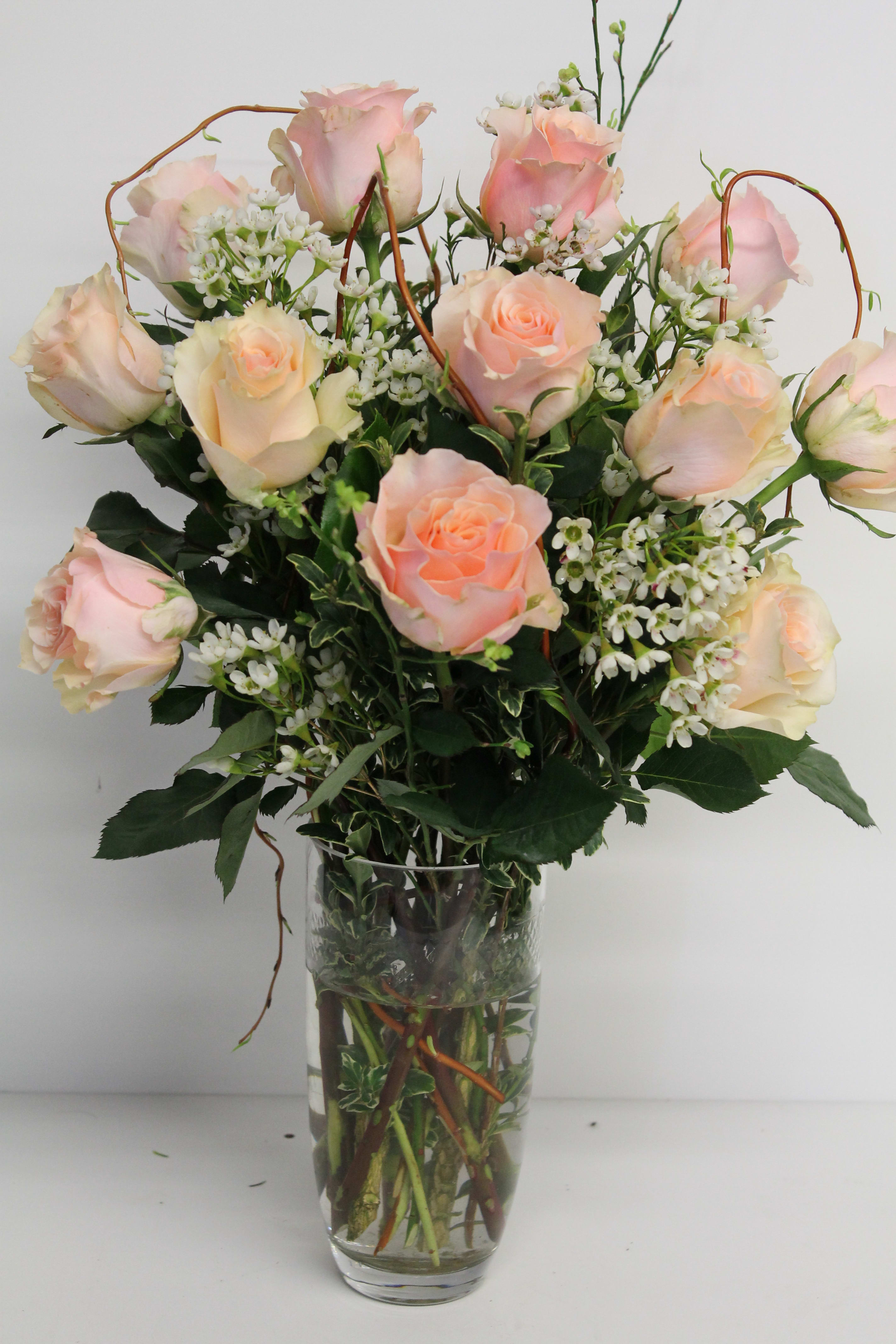 The Peach Rose Bouquet/26 - 12 Roses and Wax Filler