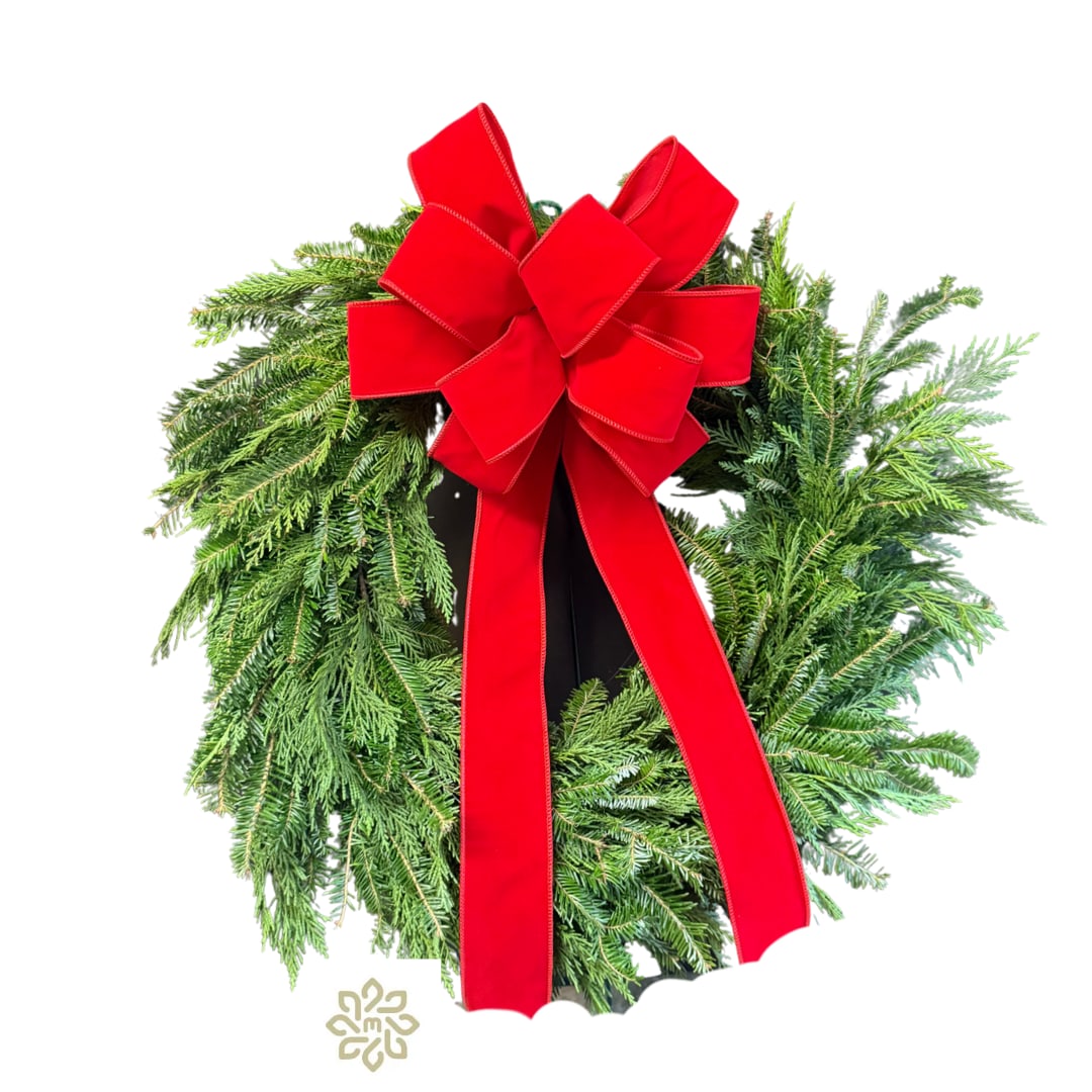 Classic 18&quot; Fresh Evergreen Holiday Wreath - Bring timeless holiday charm to your front door with our Classic 18&quot; Fresh Evergreen Holiday Wreath with Red Bow. Handcrafted locally by Moss' design team, each wreath is made with fresh, winter evergreens for a lush, full look that lasts all season.  This 18-inch Christmas wreath is finished with a festive, weather-resistant red bow—perfect for holiday decorating on your front door, porch, mantle, or over a fireplace.   Designed to highlight the natural beauty of the season, it’s an easy way to add cozy winter style to your home or as a thoughtful holiday gift.