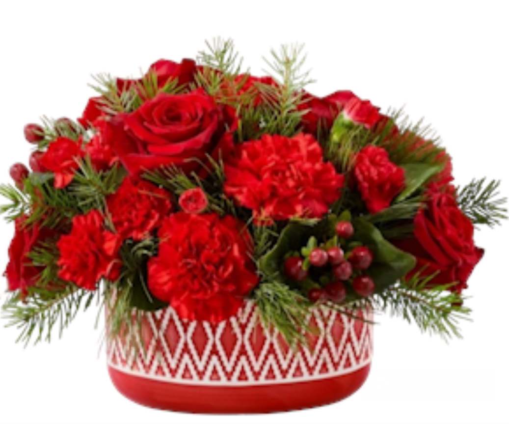 Winter's Eve Dish - Embossed with a vase decor knit  motif and hand-painted a radiant crimson red and white ,serves up a classic Christmas centerpiece today, and for years to come!