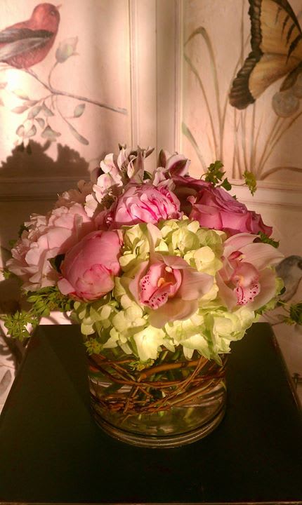 Peony Lover/26 - Hydrangea, Peonies, Orchids and Alstroemeria are arranged in a short cylinder,