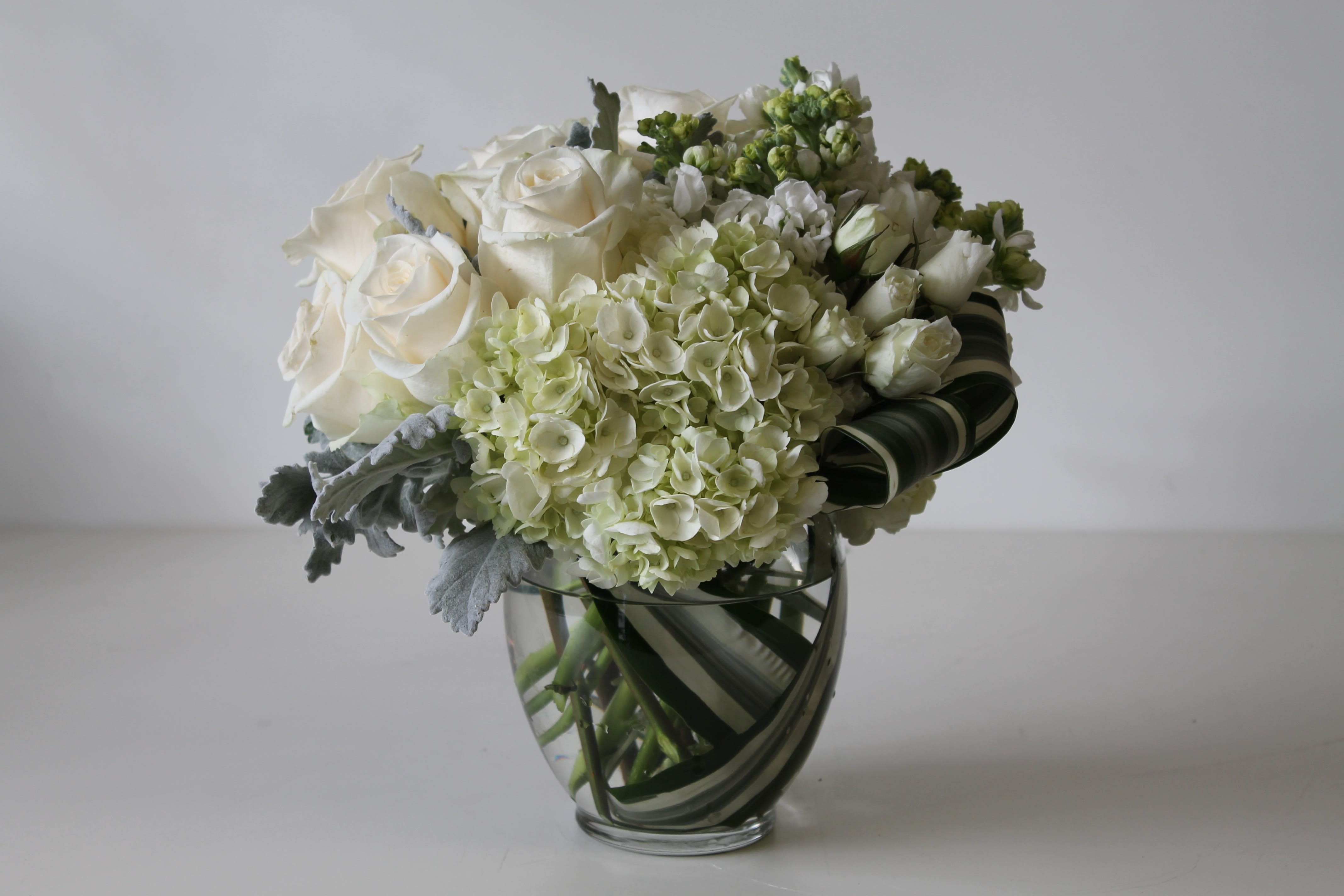 Pearl/26 - Hydrangea, Rose, Dusty Miller, Stock, Spray Rose