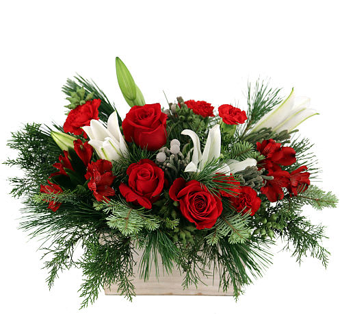 Tinsel &amp; Twinkle - This enchanting display features a harmonious blend of rich red roses, pristine white lilies, and delicate red alstroemeria, creating a palette that mirrors the festive spirit. Adorned with shimmering tinsel and nestled amidst lush holiday greenery, this arrangement is a symphony of elegance and joy. Whether gracing your holiday table or bringing festive cheer to a loved one