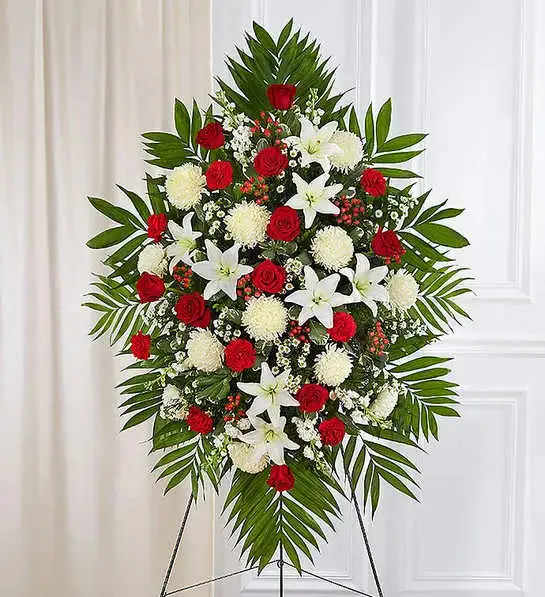 Red &amp; White Sympathy Standing Spray - Description A warm embrace. A kind word. A memorable gesture. There are many ways to express how we feel after the loss of a loved one. Our classic standing spray arrangement is elegantly crafted with radiant red roses and peaceful white blooms, offering care and support when it’s needed most.One-sided standing spray arrangement with red roses, carnations and hypericum, white Asiatic lilies, football mums, stock and monte casino; accented with assorted greenery