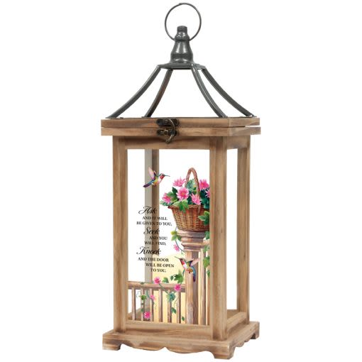 &quot;Ask, Seek, Knock&quot; Lighted Lantern - Ask and it will be given to you, seek and you will find, knock and the door will be open to you.  Flameless LED candle lantern made from quality wood with metal top. Built-in auto timer, 6 hrs ON/18 hrs OFF (3 AAA batteries included). Indoor use only. Will be delivered with a matching bow on lid of lantern.   W: 6.25&quot; H: 16.5&quot; D: 5.5&quot;