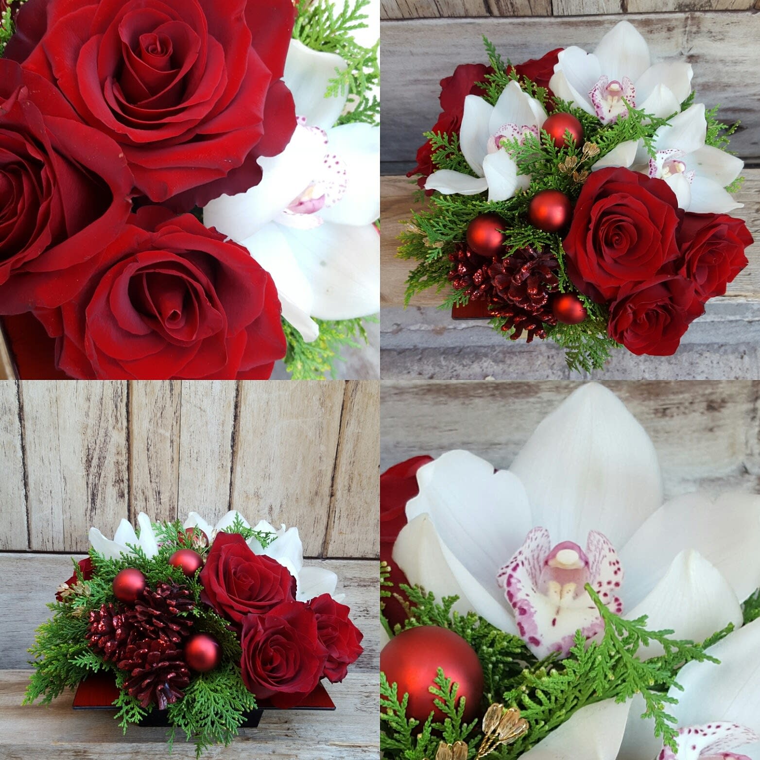 Cymbidium Bliss - This zen arrangement of red roses and Cymbidium orchids brings a modern touch to your table setting. Ideal for any dining table or coffee table for a short compact and full arrangement of high end flowers. Container measures 8&quot; wide. Upgrades will include a fuller design of the same flowers in the same container. 