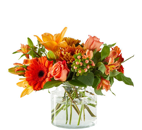 Fall For You Bouquet - This stunning ensemble features a harmonious blend of vibrant orange roses, delicate alstroemeria, rich butterscotch mums, and cheerful orange gerbera daisies.Whether it's for a loved one or a special occasion, 'Fall For You' is a vivid and heartwarming testament to the splendour of the