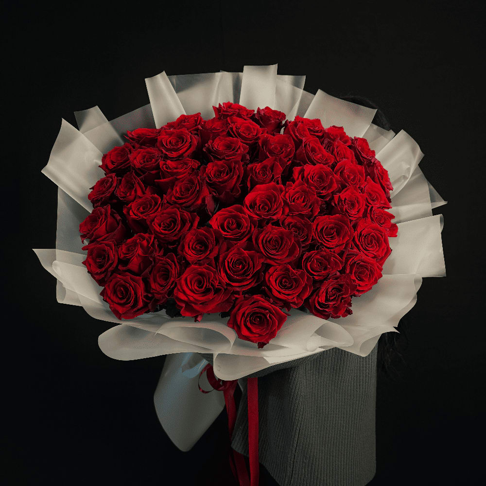 Luxury Long Stem  (70cm) Red Roses - Beautiful high quality red roses, hand-tied, gift-wrapped.  Standard- 50 roses Deluxe-75 roses Premium-100 roses