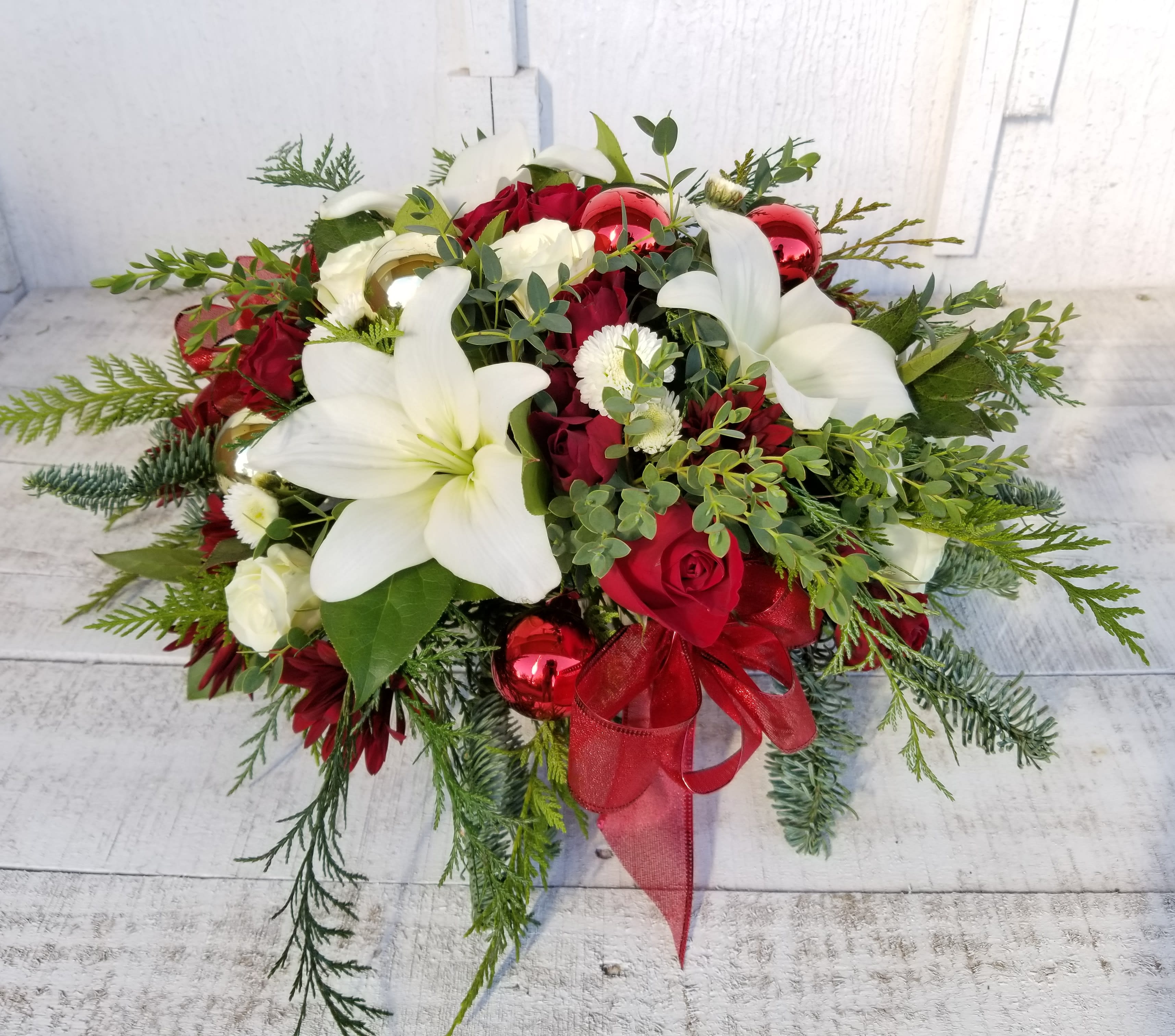 Traditional Christmas Centerpiece - 12&quot; round with Rose's, daisies and ornaments. Upgrades go fuller and bigger. 
