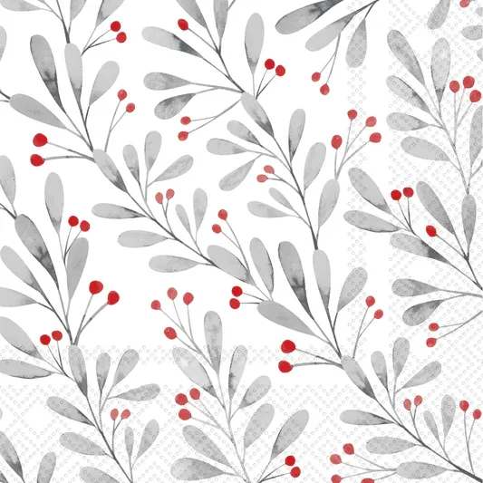 Winter Berry Cocktail Napkin - A watercolor sweep of soft grey foliage dotted with bright red berries gives these paper cocktail napkins a sleek, modern botanical vibe. Durable and absorbent for effortless entertaining, the berries With Foliage Grey design elevates cocktails and small bites with a refined pop of color. Approximate dimensions are 5 x 5 x 1 inches. German printed on soft, 3-ply paper.
