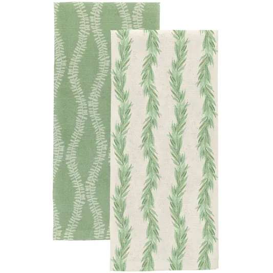 Leaf and Stem Tea Towels - Bring a fresh botanical rhythm to the sink with this set of two cotton tea towels, featuring painterly leaf stripes and a softly wavy stem pattern in calming greens. Durable, absorbent, and ready for daily tasks, they layer natural texture and easy-care charm into any kitchen. Approximate dimensions are 28 x 18.5 x inches.