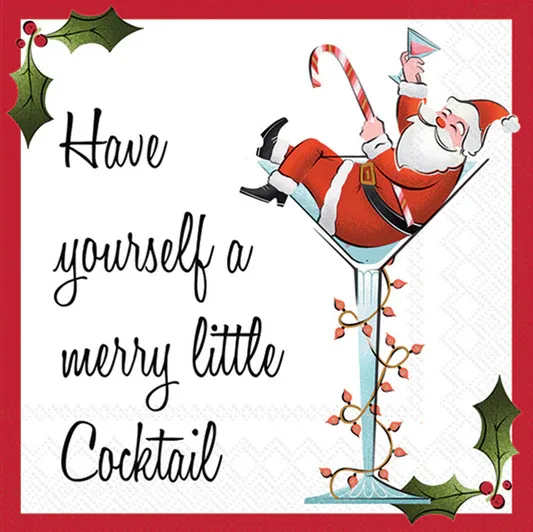 Merry Cocktail/ Cocktail Napkin - Raise a grin with the Merry Cocktail Cocktail Napkin, a paper design featuring a jolly Santa lounging in a martini glass. Practical for catching drips yet full of bar-cart charm, it delivers instant holiday cheer to happy hours, appetizer spreads, and gift-ready assortments. Approximate dimensions are 5 x 5 x 1 inches. German printed on soft, 3-ply paper.