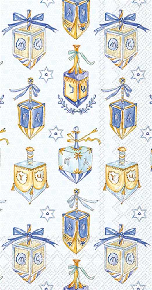 Dreidels Guest Towel - Watercolor dreidels and subtle Stars of David pattern these elegant paper guest towels, bringing a refined nod to Jewish tradition to your table or powder room. Crafted from absorbent, high-quality paper, they offer an elevated single-use touch for welcoming guests and keeping settings refreshingly tidy. Approximate dimensions are 8.25 x 4.5 x 1 inches. German printed on soft, 3-ply paper