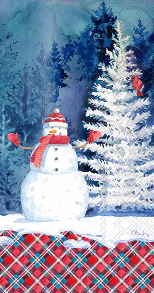 Frosted Snowman Guest Towel - Welcome guests with a wintry watercolor scene—our Frosted Snowman Guest Towel features a cheerful snowman, cardinal accents, and a vibrant red-and-teal plaid border. Printed on soft, absorbent paper, these guest towel napkins elevate powder rooms and buffet stations with winter-bright charm and easy, single-use convenience. Approximate dimensions are 4.5 x 1 x 8.25 inches. German printed on soft, 3-ply paper.