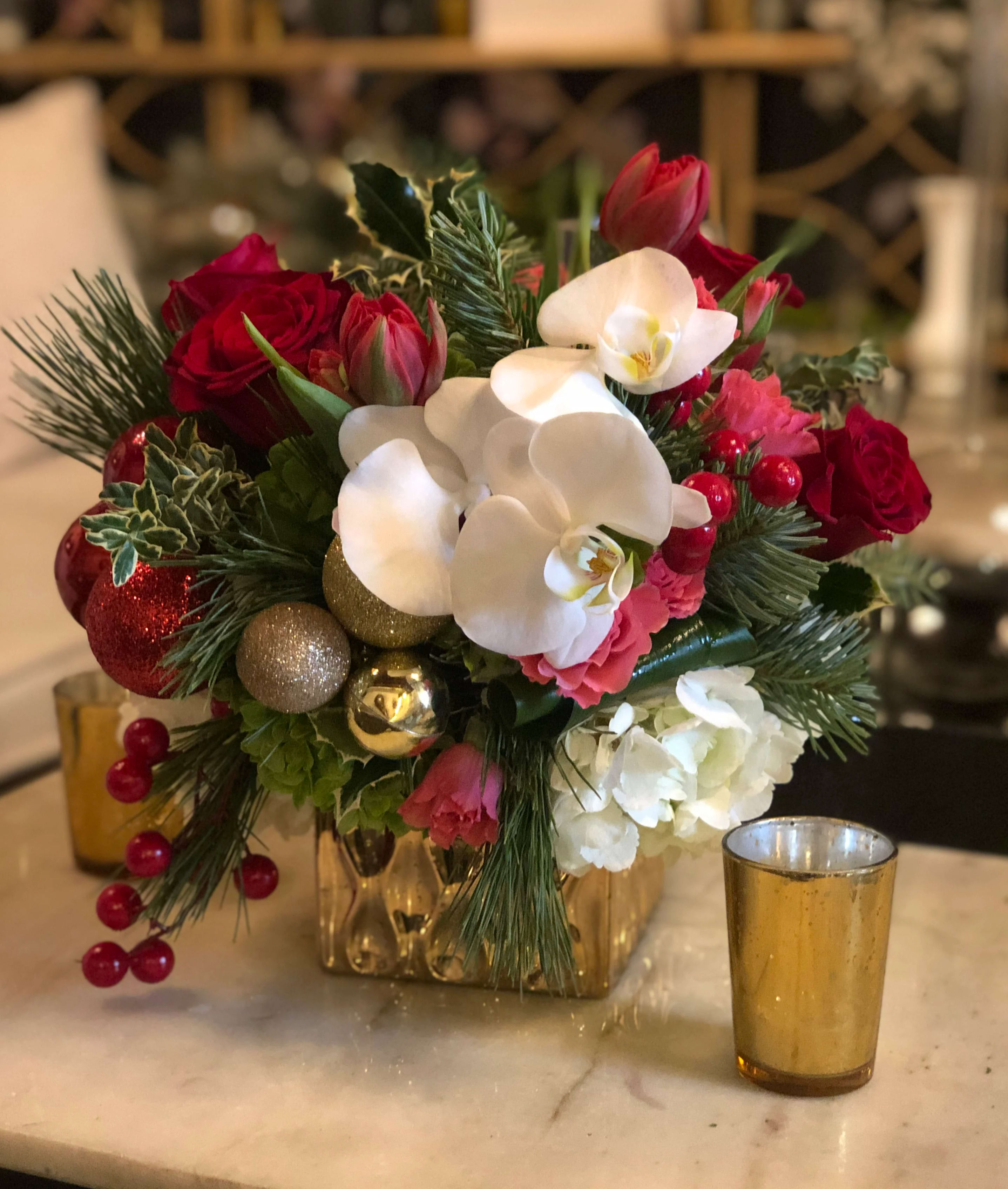 Rudolph's Nose - A small desktop arrangement that packs enough cheer to light anyone's day with holiday cheer. The perfect gift for yourself or anyone you want to send some holiday love.