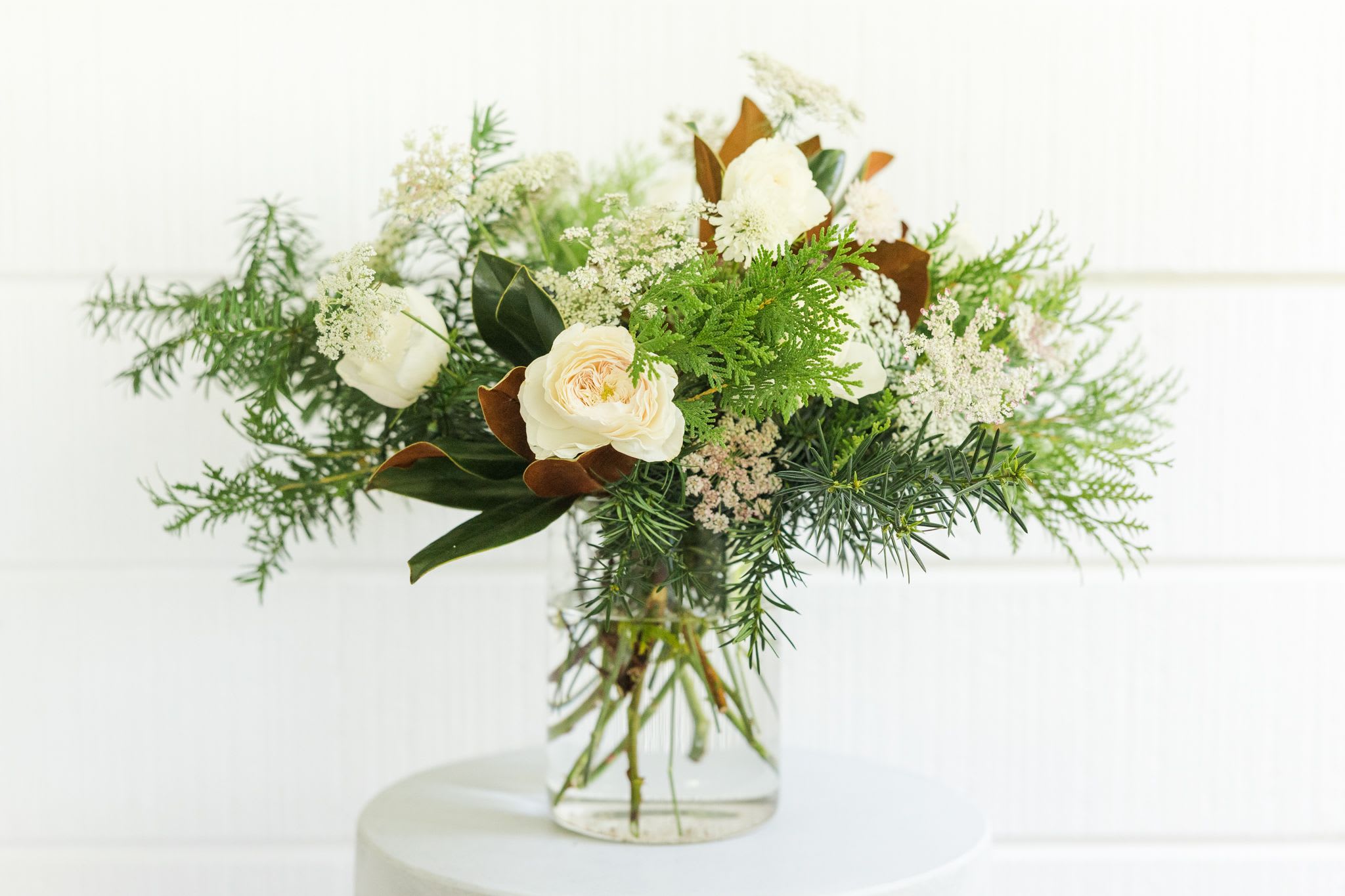 Gree and White Creation - Winter Greens, White Roses and Magnolia