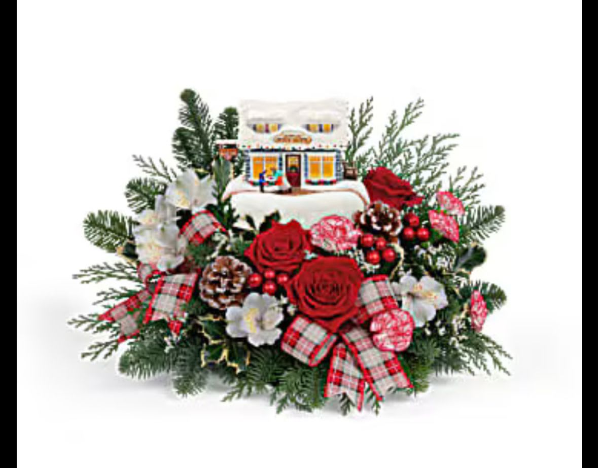 Kinkade's Festive Fudge Shoppe  - Bring home or send this sweet rare collectors item keepsake by Thomas Kinkade  . Filled with fresh evergreens and holiday florals , batteries included ! 