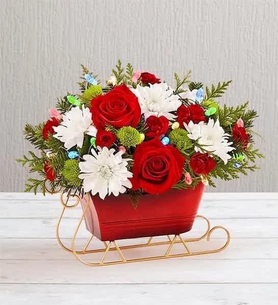 Dashing Through the Snow  - Send holiday joy their way! Our dashing arrangement is filled with classic Christmas-colored blooms and fragrant evergreens. Gathered in our vintage sleigh, complete with colorful LED lights, this treasured collectible brings the festive spirit of the season into every home, year after year. Perfect as part of the decor or for holding wrapped treats.