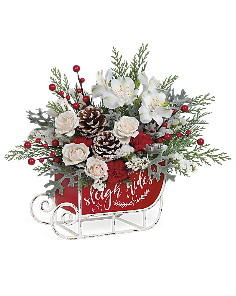 Frosted Sleigh Bouquet - This cute Christmas bouquet of snow white roses and flocked greens becomes an extra special delivery in this whimsical vintage sleigh! Sending flowers for Christmas will bring joy to all this season. 