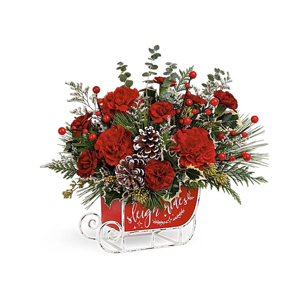 Vintage Sleigh Ride Bouquet - Sleigh all day! Bursting with fresh flowers and vintage nostalgia, this antiqued metal sleigh will deliver holiday décor fun for years to come. Red carnations, miniature red carnations and white limonium are accented with cedar, spiral eucalyptus, white pine, seeded eucalyptus and variegated holly. Delivered in a Vintage Sleigh Ride Keepsake.