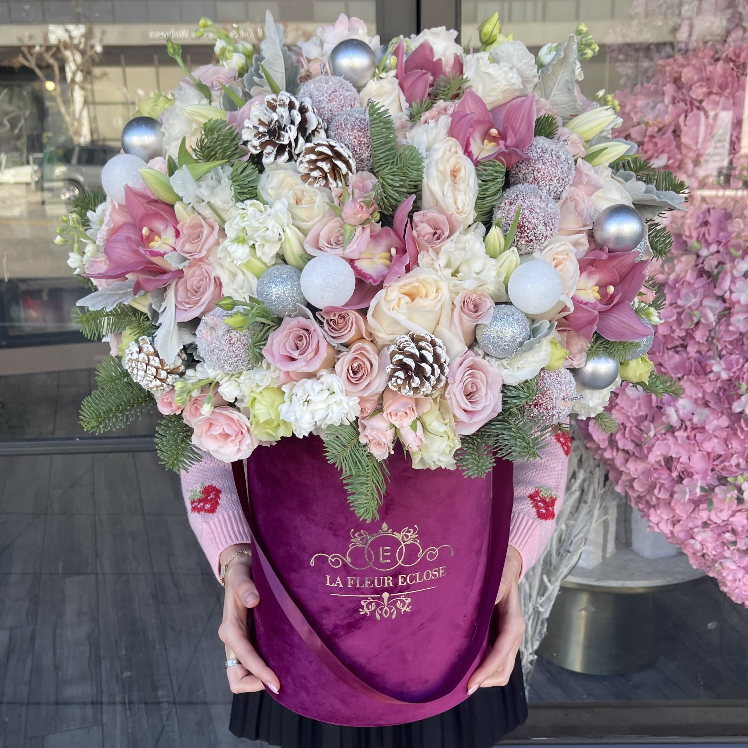 December Morning - Beautiful arrangement in our burgundy velvet box with Christmas ornaments 