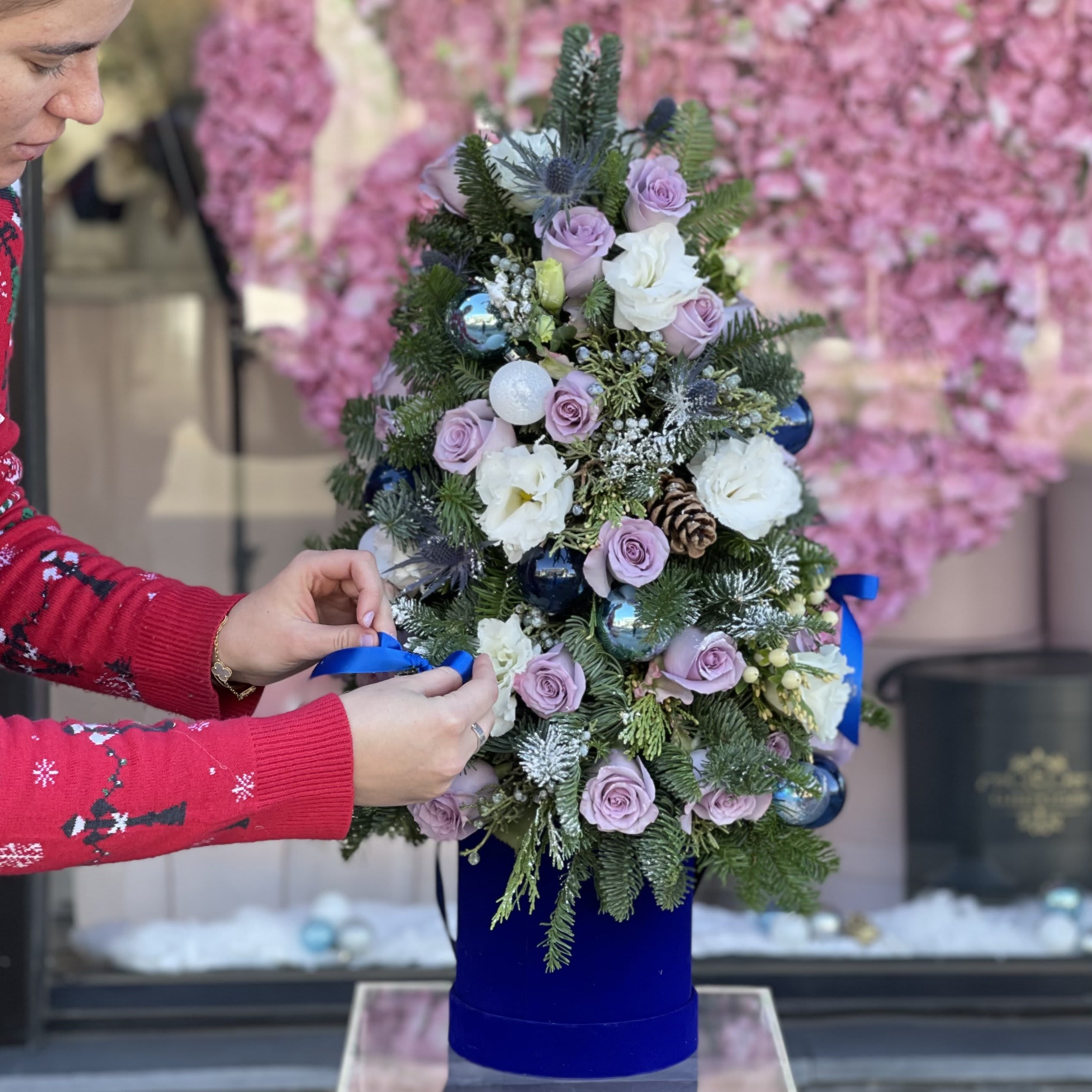 Hanukkah time - Beautiful Christmas tree arrangement filled with gorgeous ornaments (small blue box).