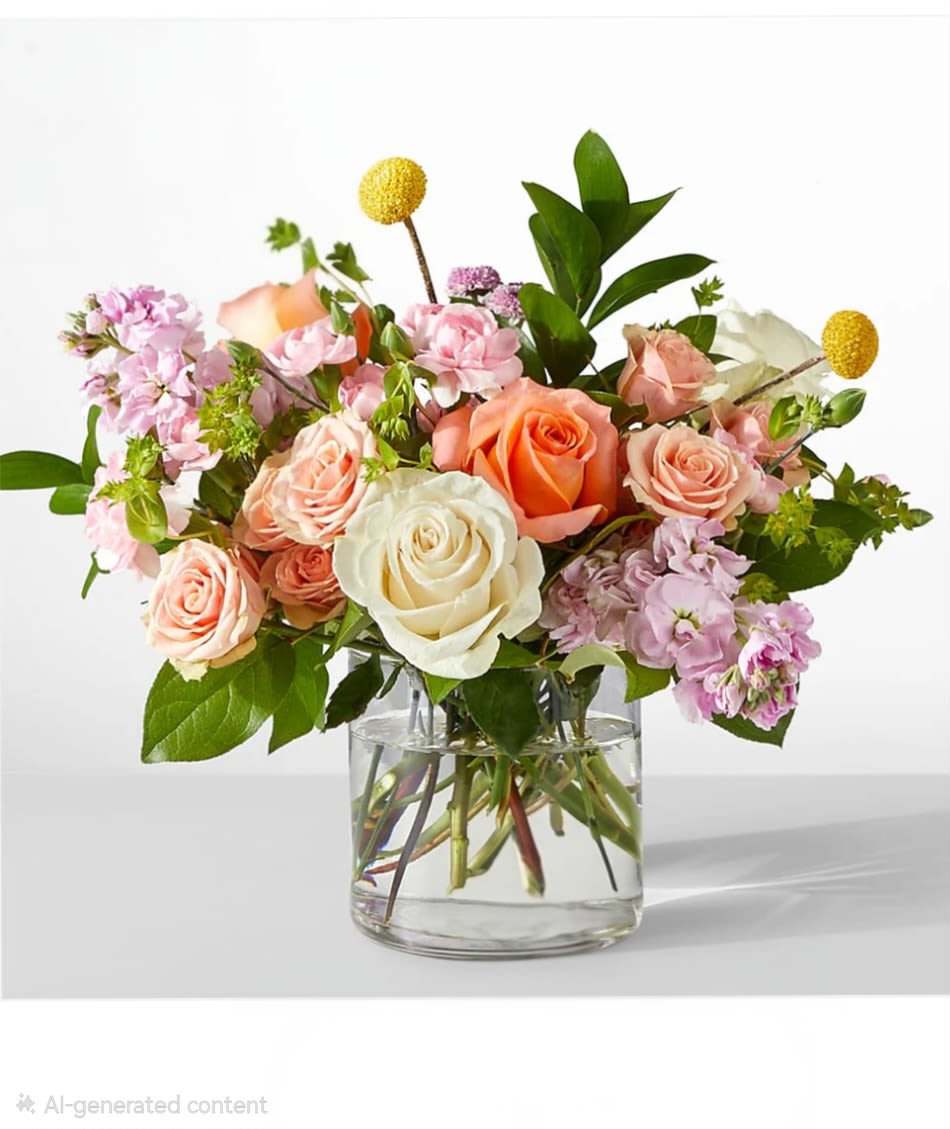 Desert Sunset - A beautiful mix of the freshest blooms in peach, lavender &amp; cream accented with pops of yellow &amp; greenery. Arranged &amp; delivered in a charming clear glass cylinder vase. This bouquet is perfect for any special occasion.   Measures approx. 12" tall &amp; 12" wide Orientation: All around