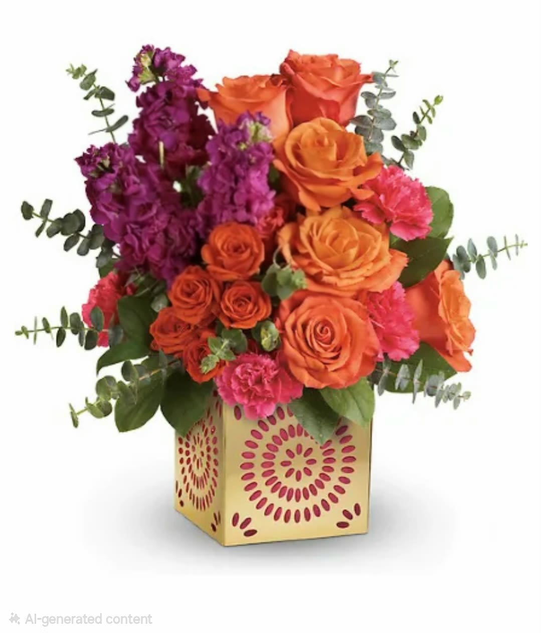 Sparkle Bouquet  - A brightly colored bouquet featuring orange, hot pink and deep purple blooms like roses, carnations, spray roses &amp; stock accented with fragrant spiral eucalyptus &amp; other greens. Arranged in a charming gold toned metalic cube keepsake. Great for birthday celebrations, sending congratulations or to say thanks to that special someone.   Measures approx.10" high &amp;  10" wide Orientation: Front focal