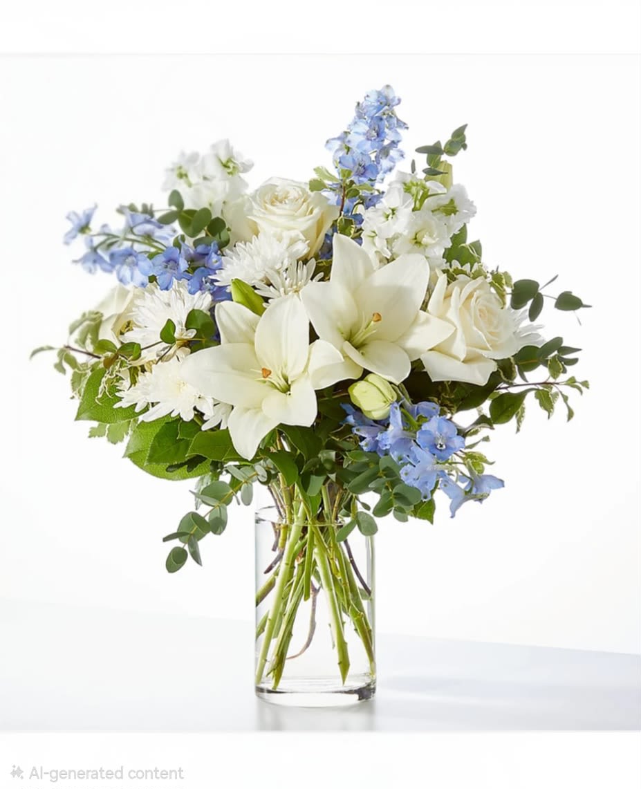 White Whisper - An elegant and soft bouquet of the freshest fragrant white blooms like lilies, stock &amp; roses, cushion spray mums &amp; greenery are accented with blue delphinium flowers. Arranged in a clear glass vase. Give this to someone mourning the loss of a loved one.    Measures approx.  14" tall and 12" wide Orientation: All around
