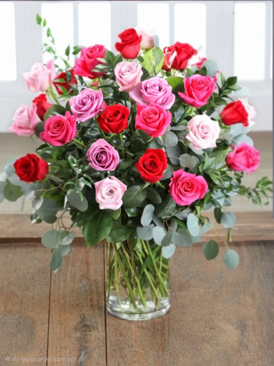 Cherished Love - A breathtaking stunning bouquet featuring 2 dozen roses. This beautiful arrangement is filled with red, light pink, hot pink &amp; lavender colored roses &amp; eucalyptus greens. Arranged tall &amp; delivered in a clear glass vase.   Measures approx. 20" tall &amp; 20" wide