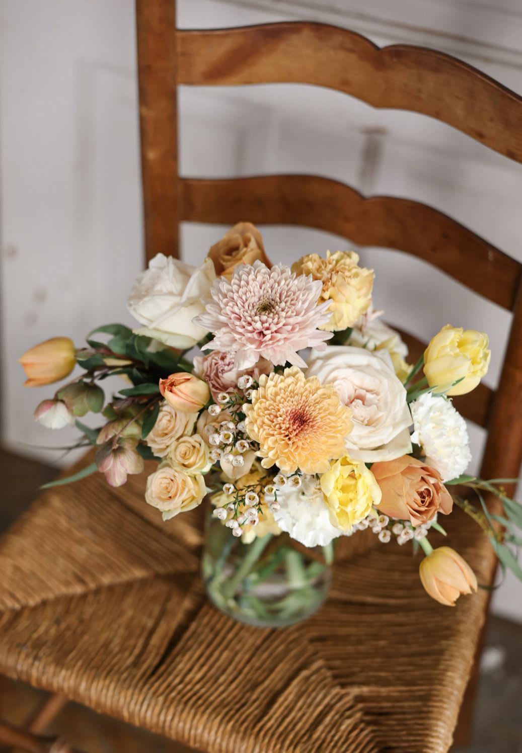 Cream + Butter - A lovely soft palate of cream, buttery yellow in simple glass vase.