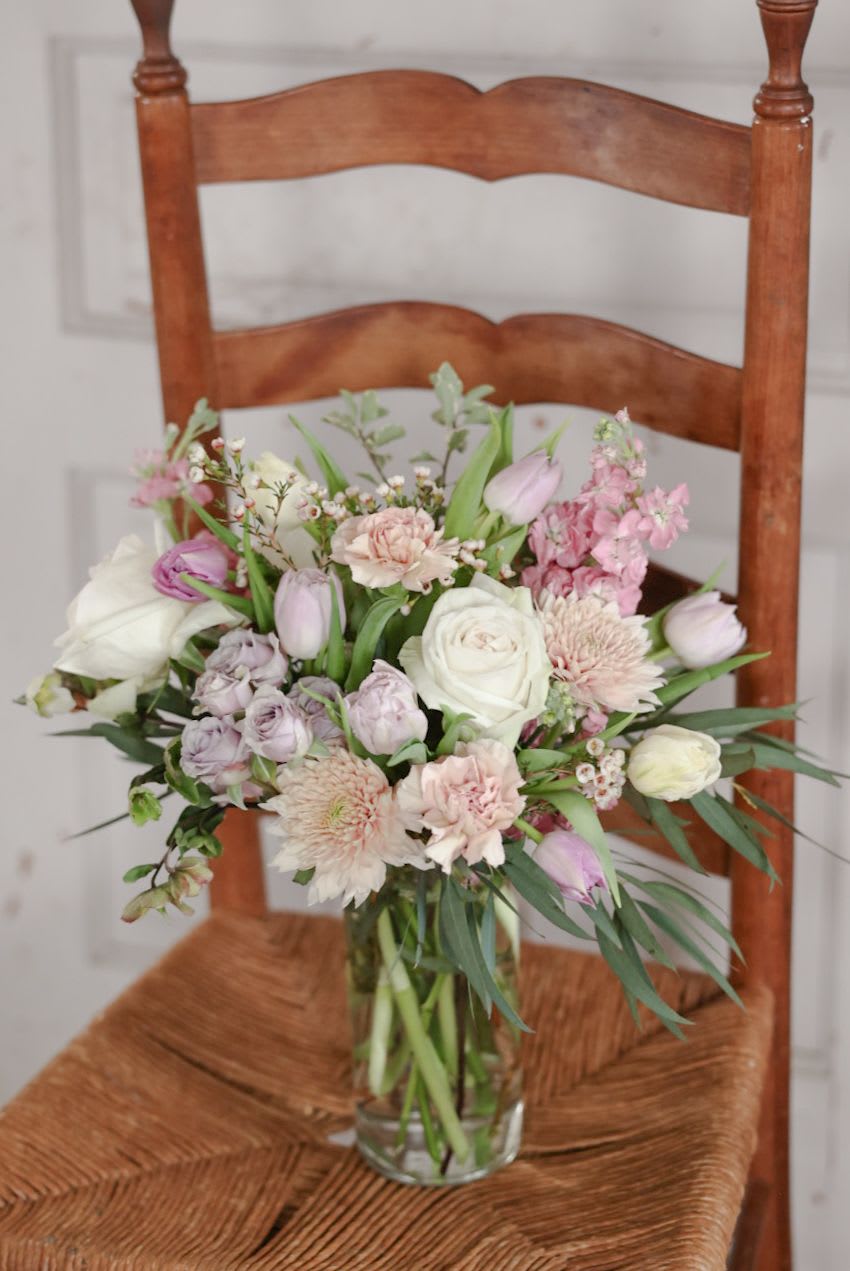 Lovely Lavender  - A perfectly soft spring lavender color palette with tulips, hellebores, garden roses, and stock. Very fragrant and sure to bring joy to even the gloomiest of days. 