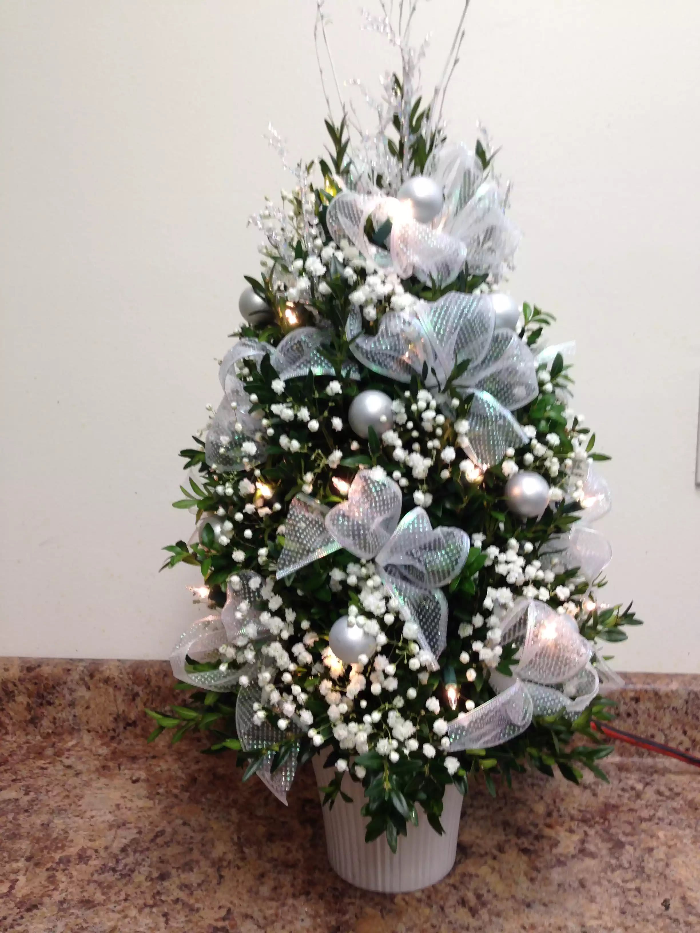 White Boxwood Tree - Boxwood Trees make great Holiday gifts and great focal points for any table. Get creative and pick your own colors and style. Please make any Style preferences in the Special Instruction box or call us directly  