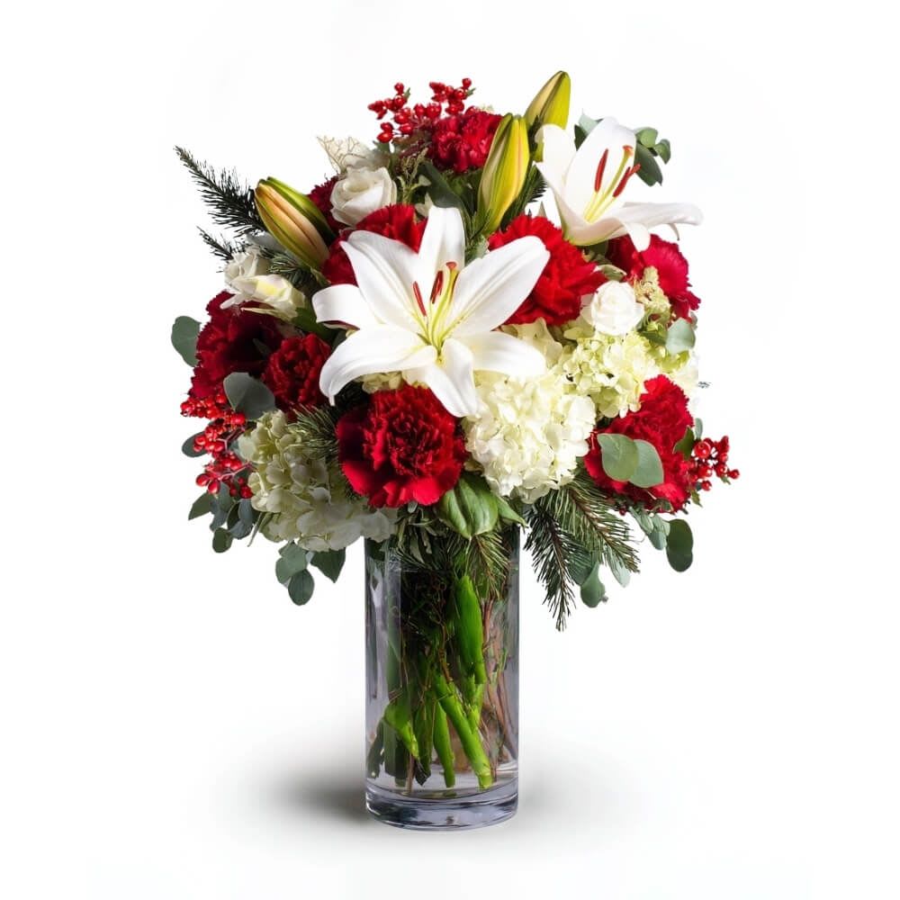 Scarlet Snowfall - PTMF-1954 - Celebrate the season in classic holiday style with snowy white lilies, vibrant red carnations, and lush hydrangeas—all nestled among evergreen pine and pops of crimson. A festive bouquet that captures the joy of a winter’s day.