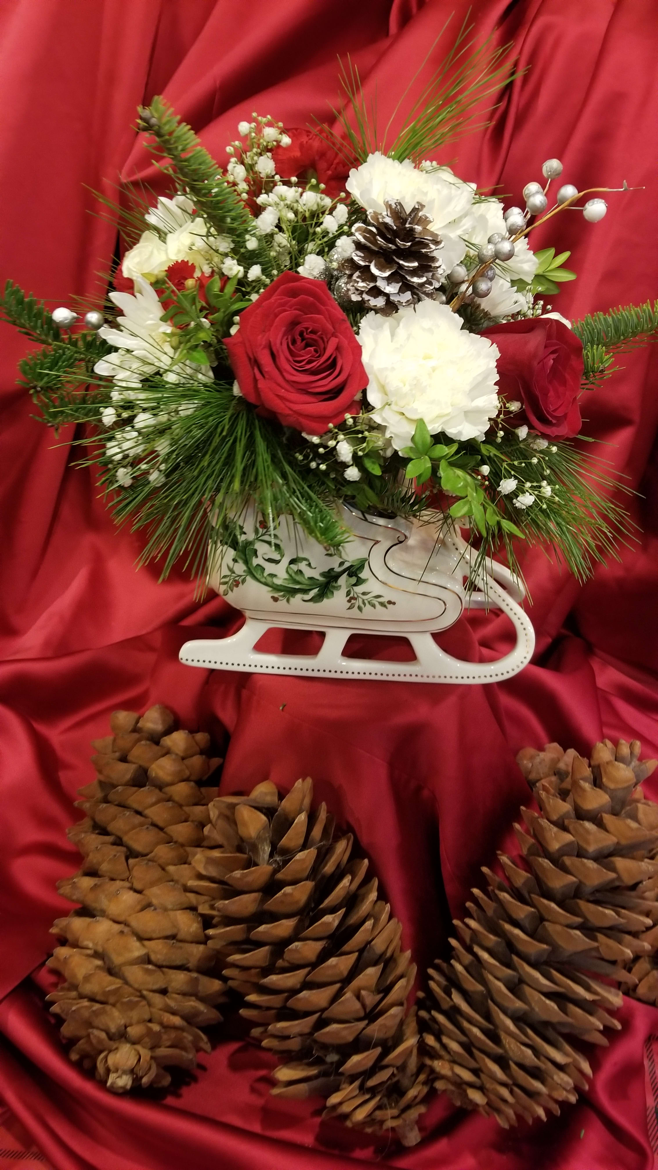 Pam's Christmas arrangement in Ceramic Santa Sleigh container - Pam's Christmas arrangement in Ceramic Santa Sleigh container