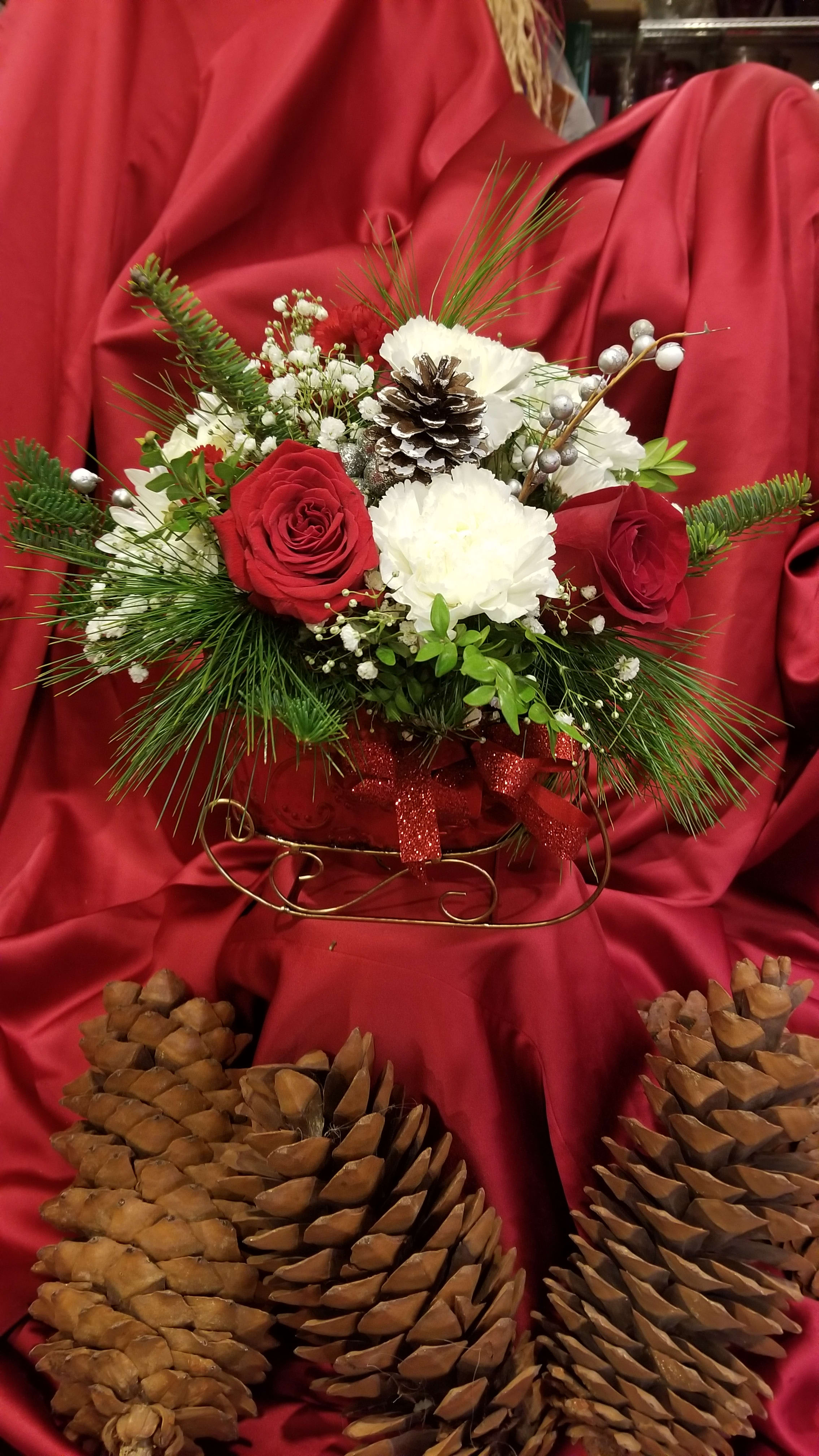 Pam's Christmas arrangement in Metal Santa Sleigh container - Pam's Christmas arrangement in Metal Santa Sleigh container