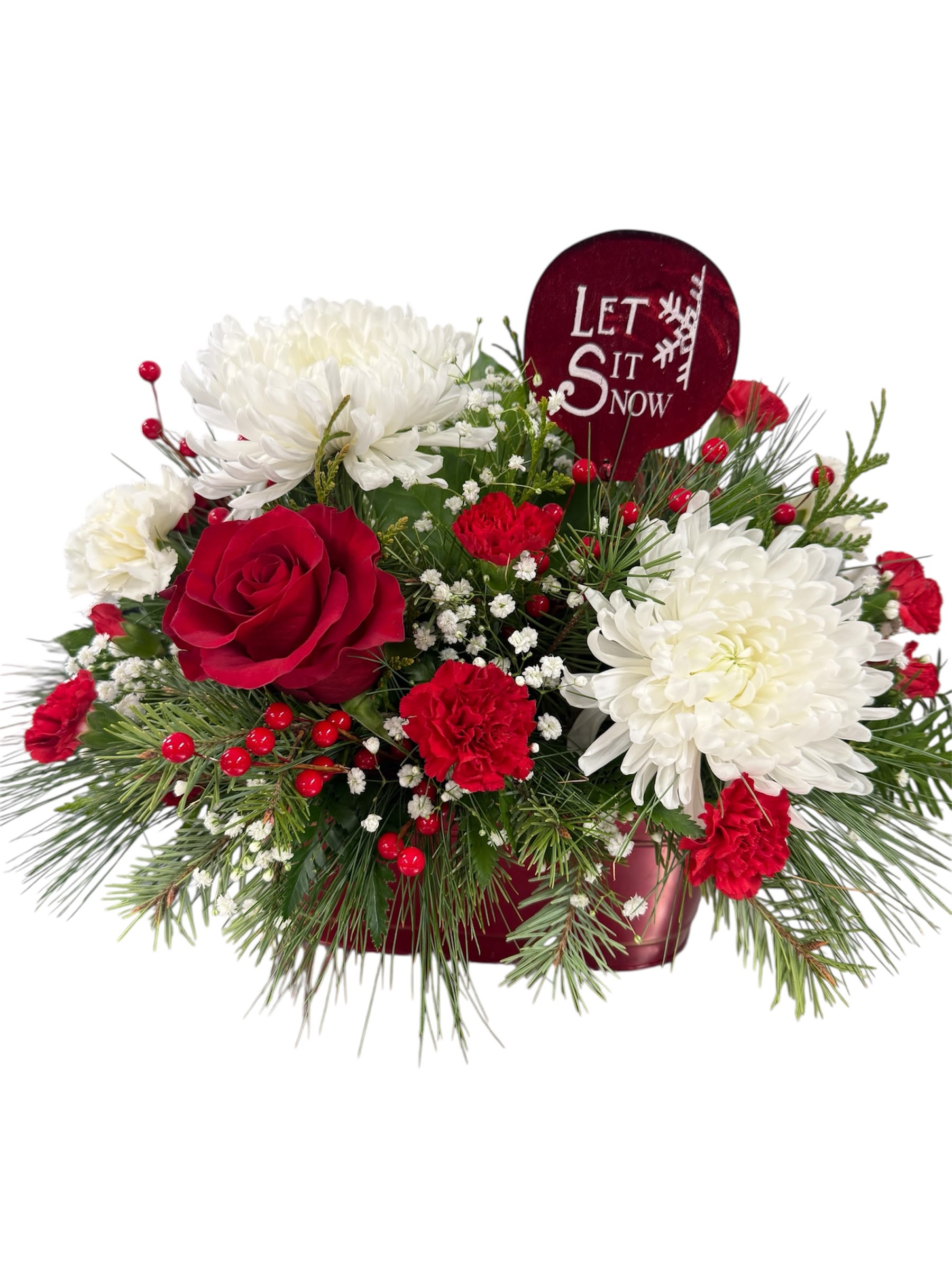 Let It Snow - A classic, cozy holiday mix of red and white with evergreens, capturing the spirit of winter. A more low and compact design in an oval shaped red tin.