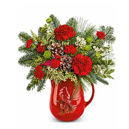 Festive Flight - Festive Flight Bouquet spreads holiday cheer with red blooms, winter greens, and a charming keepsake Scarlet Cardinal Pitcher. A heartwarming gift for Christmas and seasonal celebrations.