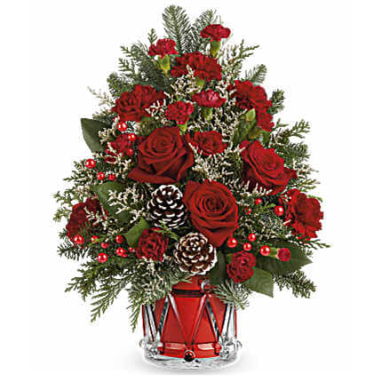 Yuletide Sparkle Tree - Yuletide Sparkle Tree is a festive floral Christmas tree made of red blooms, holiday greens, and shimmering accents. Arranged in this keepsake Crystal Drum Vase, it's a joyful holiday gift or centerpiece.