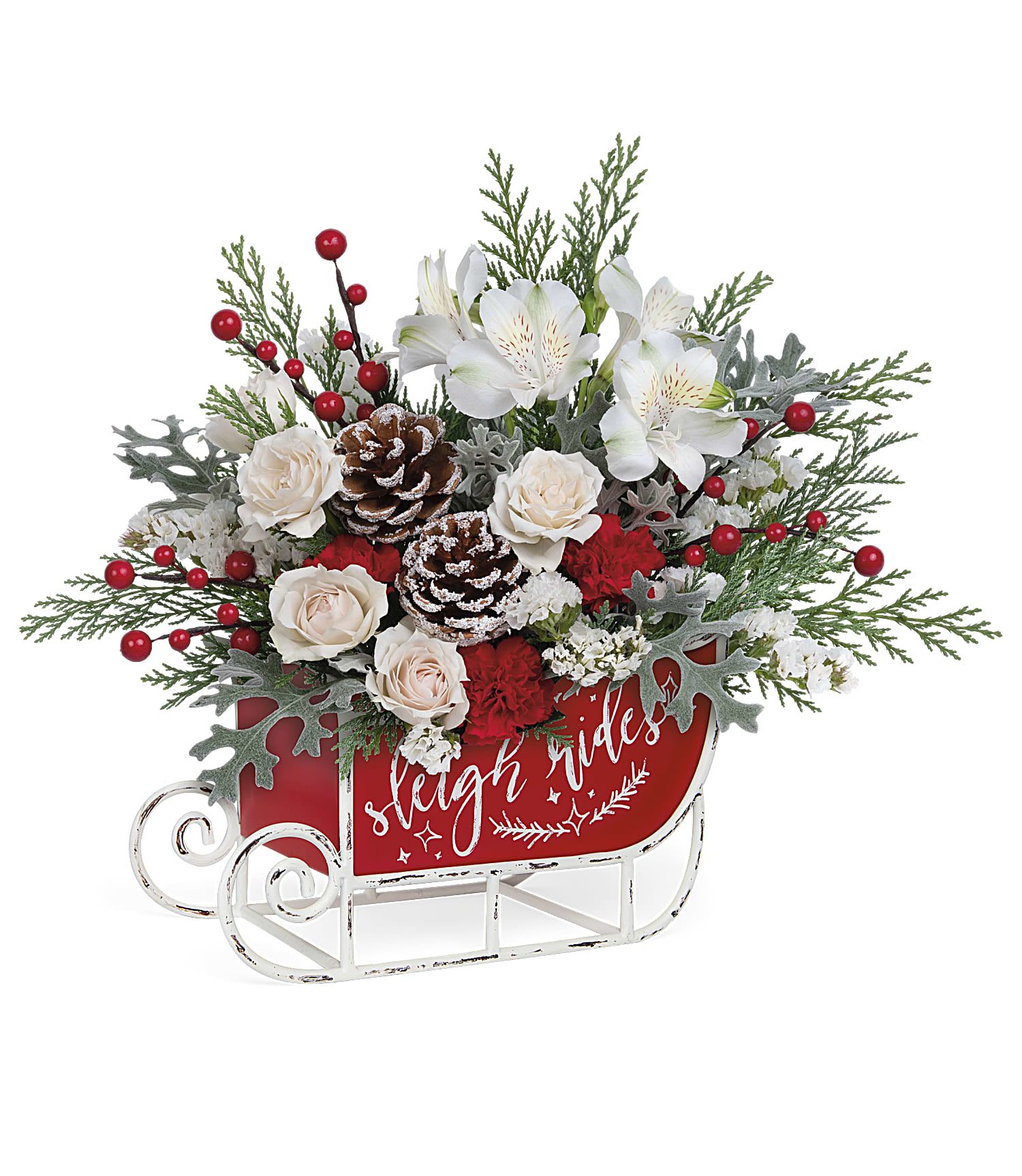 Frosty Sleigh - This cute Christmas bouquet of snow white roses and flocked greens becomes an extra special delivery in this whimsical vintage sleigh! Sending flowers for Christmas will bring joy to all this season.